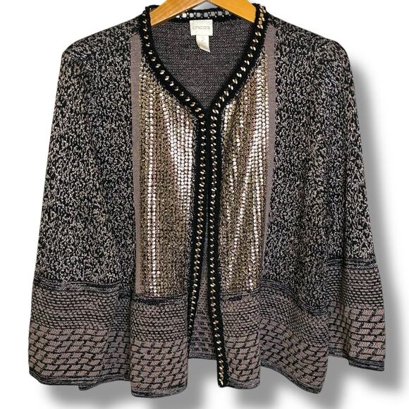 Chico’s Cardigan Size 2 (Large) Sequin Mixed Media Metal Chain Link Neckline - Picture 2 of 7